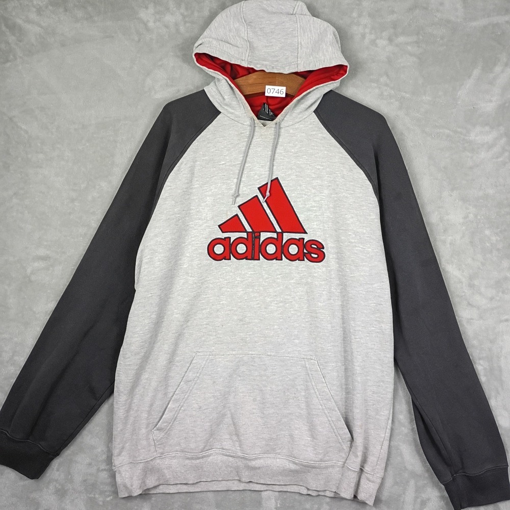 Adidas Hoodie Mens 2XL Grey Black Raglan Embroidered Logo Streetwear Gorpcore